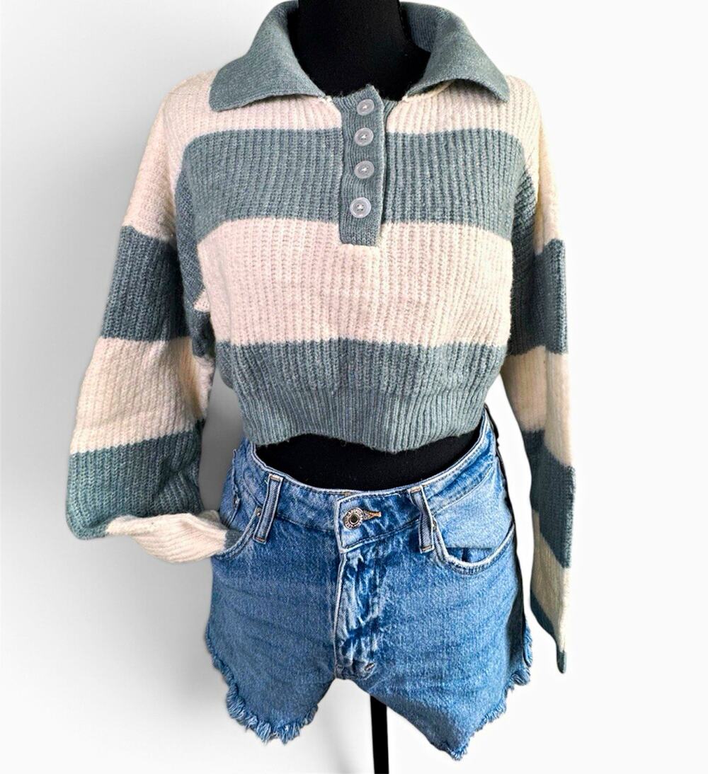 Debut Striped Cropped Polo Sweater Sage Green Off White Size S V-Neck Knit
